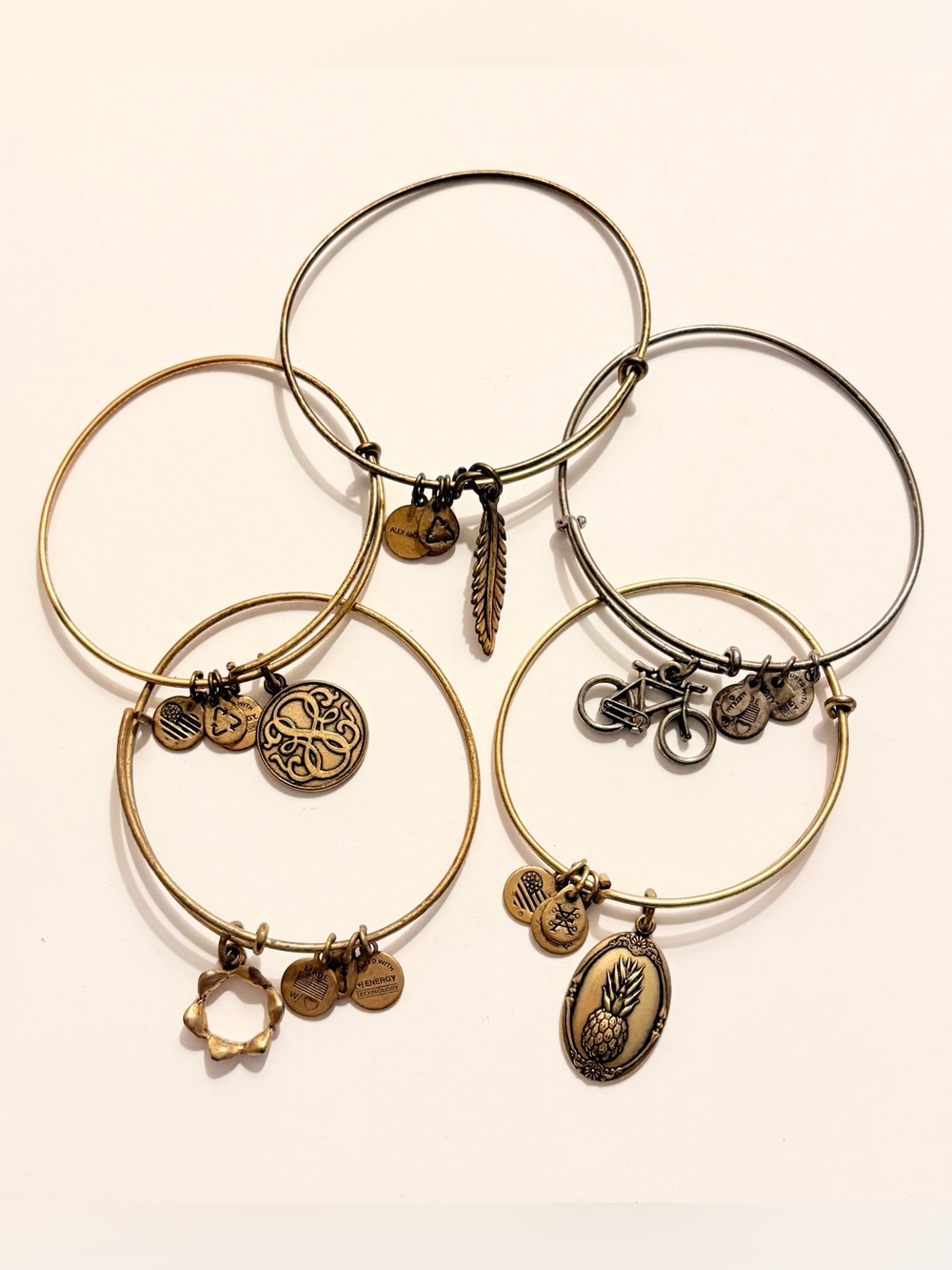 Alex and Ani Gold and Silver Tone Charm Bangle Bracelet Set of 5